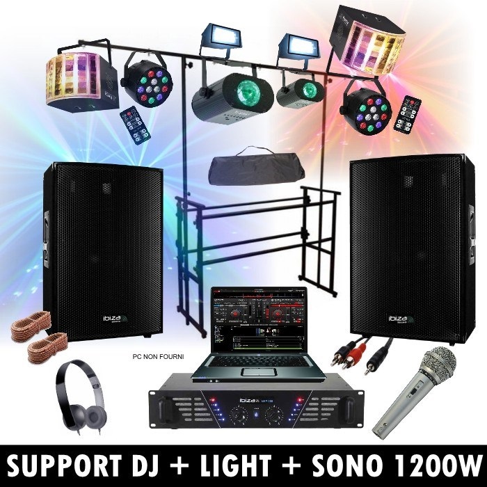 SUPPORT DJ PORTIQUE + 8 JEUX DE LUMIERE + PACK SONO 1200W - Pack sono IBIZA  SOUND pas cher - Sound Discount