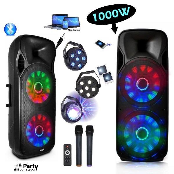 Party Light & Sound - Enceinte Sono 1000w Active Portable et Autonome sur  Batterie + 1 Pied Micro et Micro Filaire + 2 Micros sans Fil Grande portée
