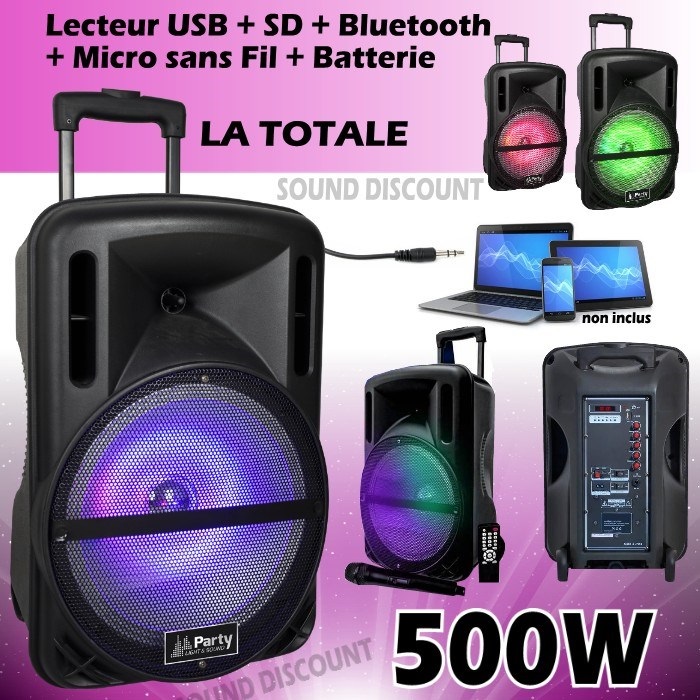 ENCEINTE SONO 500W + BLUETOOTH + BATTERIE + USB MP3 SD FM - Idées  Cadeaux PARTY LIGHT & SOUND pas cher - Sound Discount