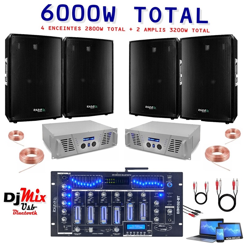 Pack Sono 6000W TOTAL - 4 Enceintes + 2 Ampli Sono + Mixage - Pack